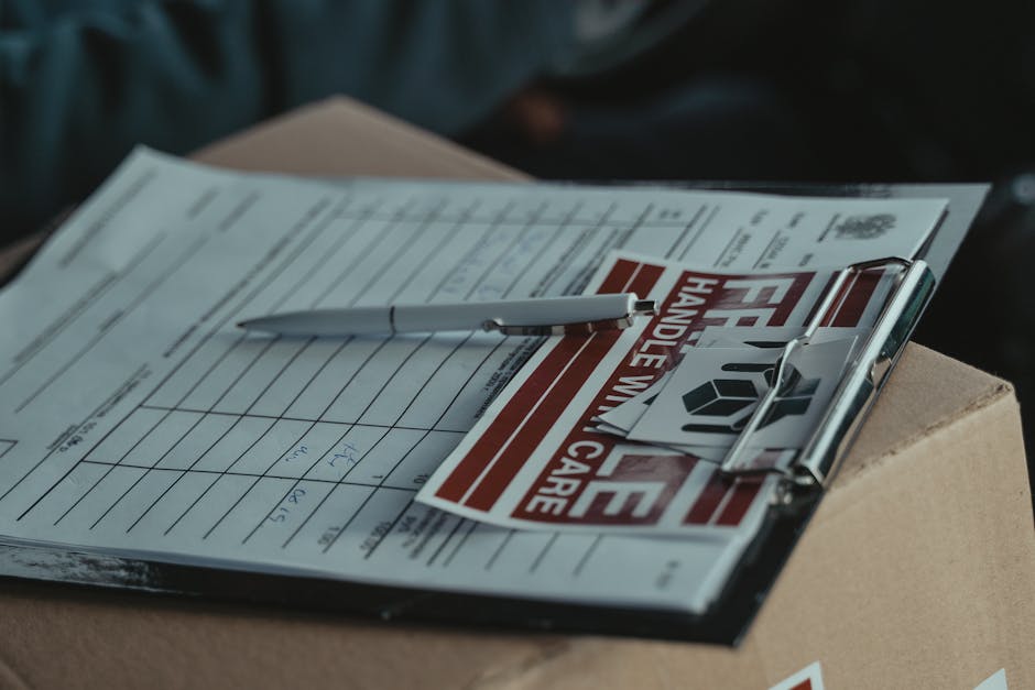 A close-up view of a clipboard resting on a cardboard moving box filled with paperwork related to house removals, featuring a white pen placed diagonally across a red and white 'Free Handling Care' notice. The clipboard holds several sheets of paper, including checklists and detailed forms, with some handwritten annotations visible. In the background, partially visible, are more cardboard boxes typical of a home relocation setup. The scene is lit with natural light, emphasizing the emphasis on packing and moving logistics supported by Man with Van Hillingdon, a professional removals service provider. The image captures the preparatory stages of furniture transport and packing processes, highlighting the careful organization necessary for efficient house removals and loading procedures.