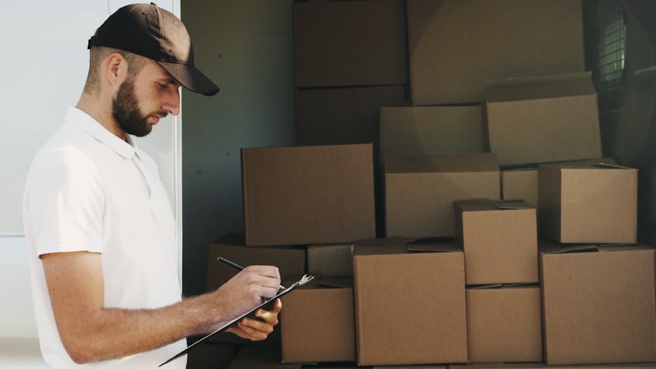 A man wearing a black cap and a white polo shirt is standing indoors beside a stack of cardboard moving boxes, which are arranged in various sizes and appear ready for a home relocation. He is holding a clipboard and pen, inspecting or recording details about the boxes as part of the packing or inventory process. The boxes are sealed with packing tape and are positioned on a flat surface inside a room with minimal lighting, suggesting an organized approach to packing and moving logistics. The background includes a dark wall, and the overall scene reflects the preparation stage of furniture transport or house removals, aligning with services offered by Man with Van Hillingdon for professional removals and packing solutions.